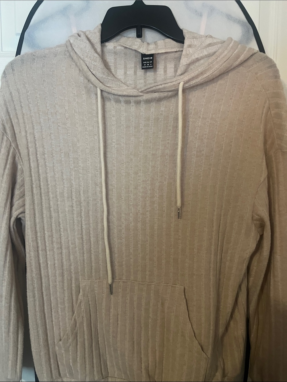 SHEIN Ribbed Hooded Pullover in Beige
